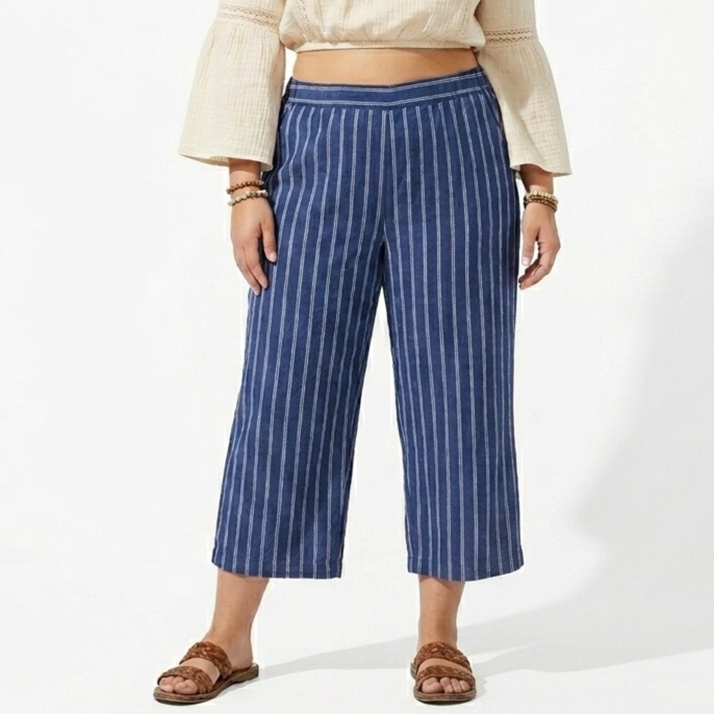 Linen HABITAT Striped Cotton Cropped Pull On Blue White Coastal Grandma Plus XL